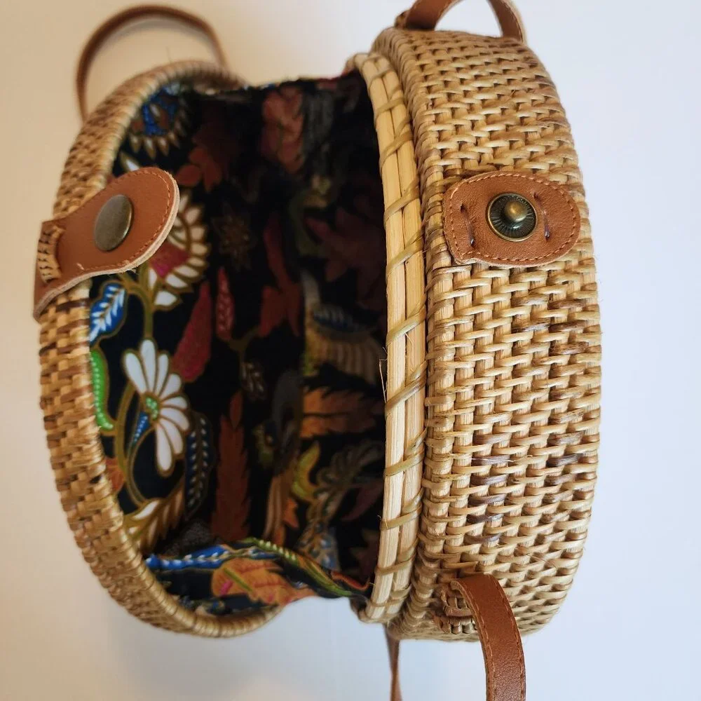Woven Rattan Round Crossbody Bag With Leather Strap & Floral Lining - Picture 4 of 11